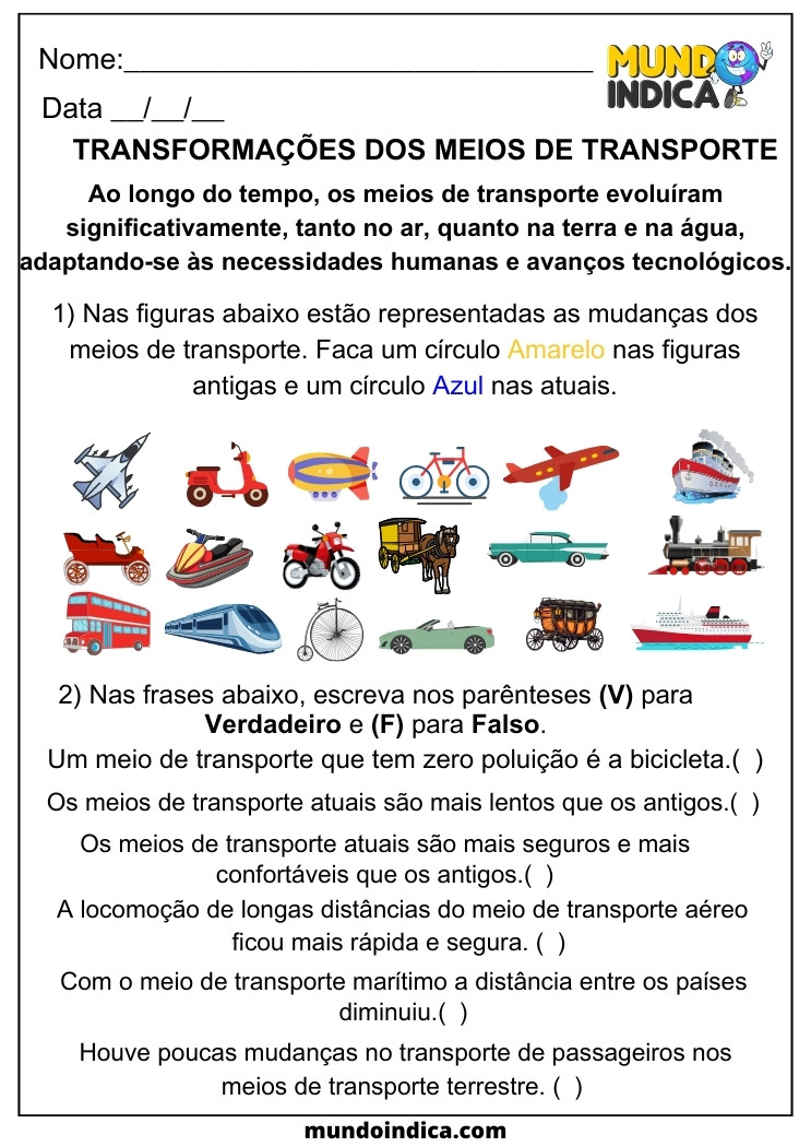 Atividade de Geografia sobre as Transformações dos Meios de Transporte para 5 ano para imprimir