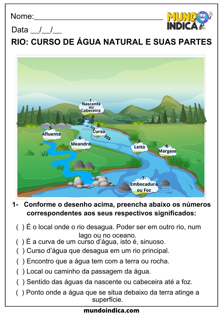 Atividade de Geografia sobre o Rio e o Curso de Água Natural e suas Partes para 5 ano para imprimir