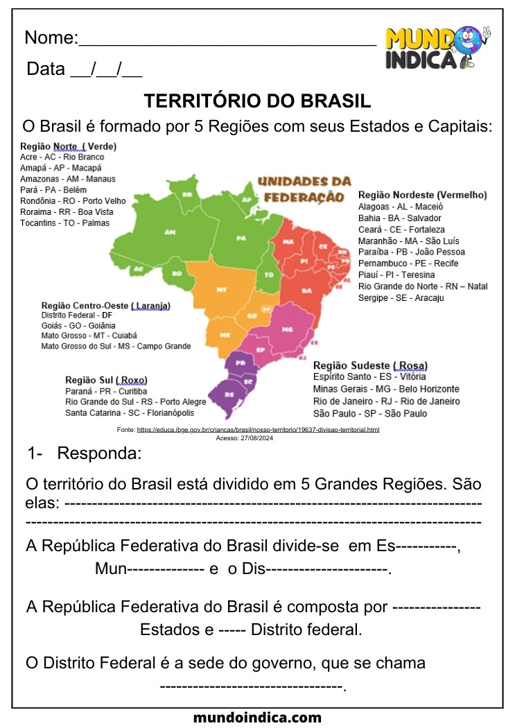 Atividade de Geografia sobre o Território do Brasil, suas Regiões, Estados e Capitais para 5 ano para imprimir