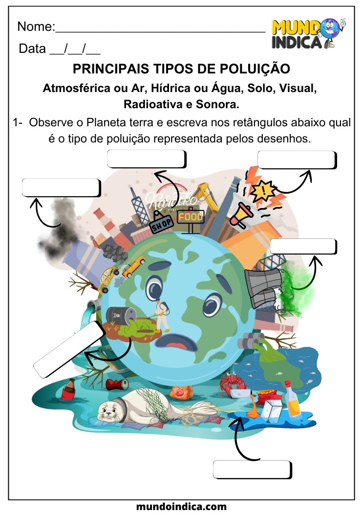 Atividade de Geografia sobre os Principais Tipos de Poluição Atmosfera, Ar, Hídrica, Água, Solo, Visual, Radioativa e Sonora para 5 ano para imprimir