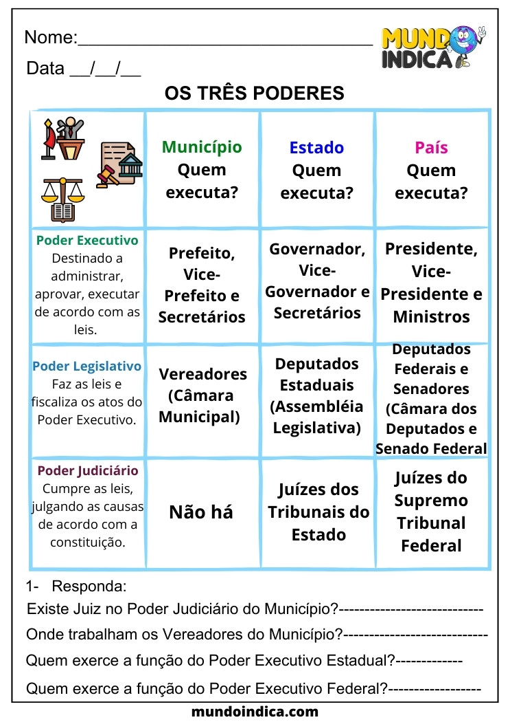 Atividade de Geografia sobre os Três Poderes para 5 ano para imprimir