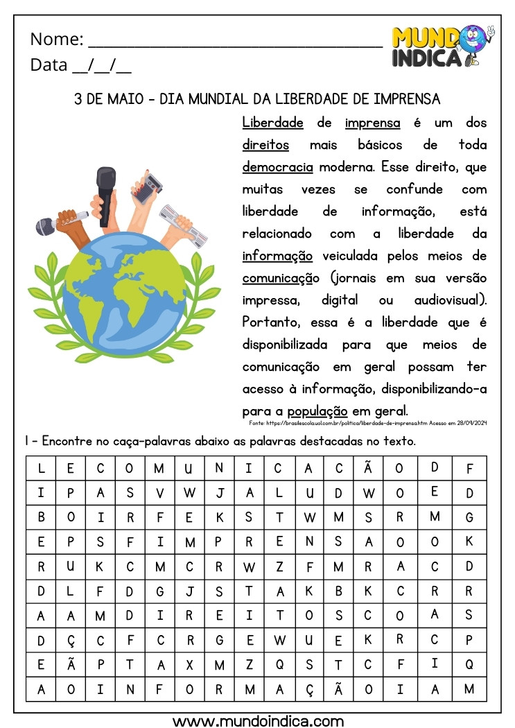 Atividade para o Dia Mundial da Liberdade de Imprensa com Caça-Palavras