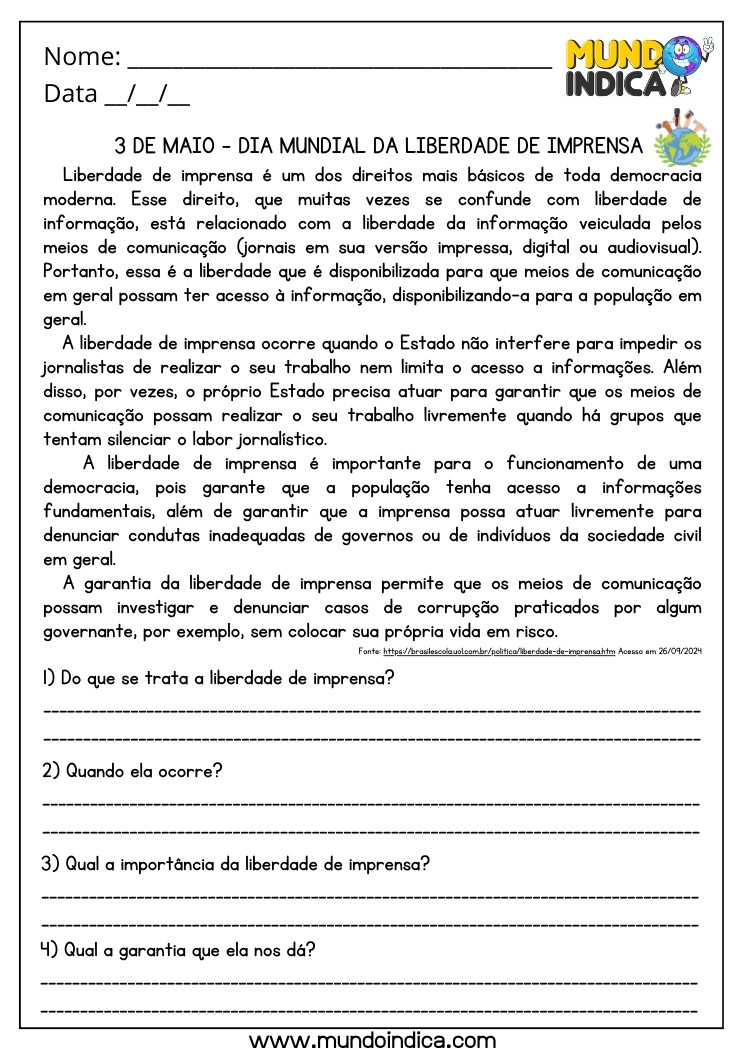 Atividade para o Dia Mundial da Liberdade de Imprensa com Interpretação de Texto