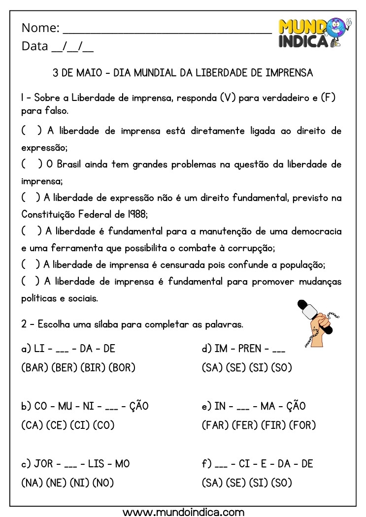 Atividade para o Dia Mundial da Liberdade de Imprensa com Sílabas e Verdadeiro ou Falso