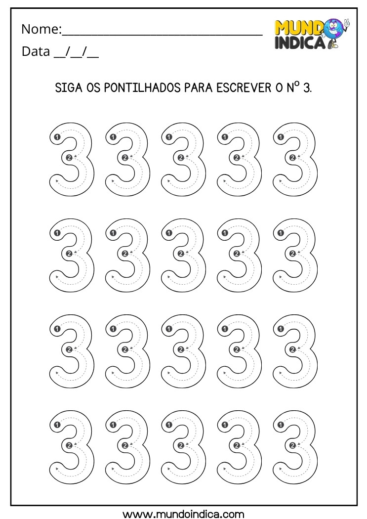 Atividade Siga os Pontilhados para Escrever o Número 3 para Crianças com TDAH para Imprimir