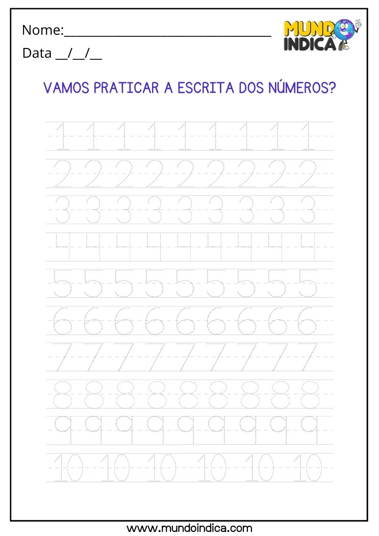 Atividade com Números de 1 a 10 para Praticar a Escrita para Alunos com TDAH para Imprimir