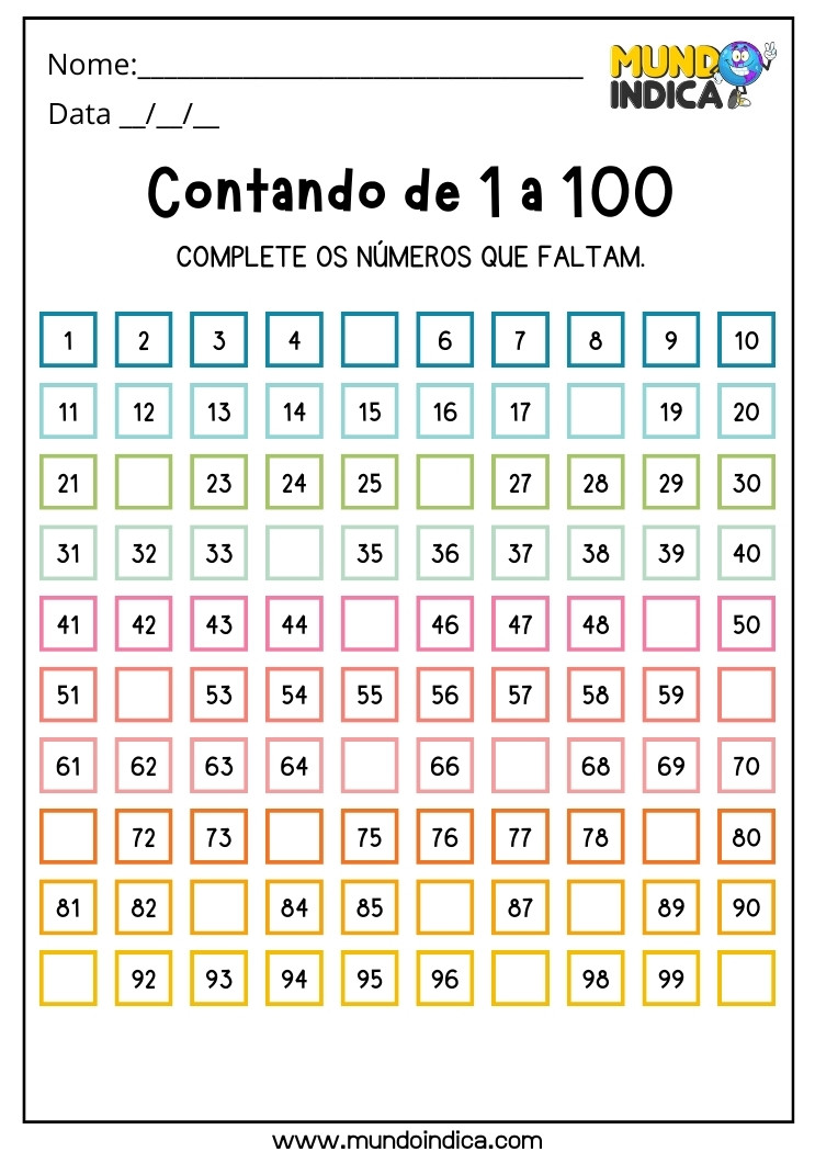 Atividade com Números de 1 a 100 para Crianças com Síndrome de Down para Imprimir