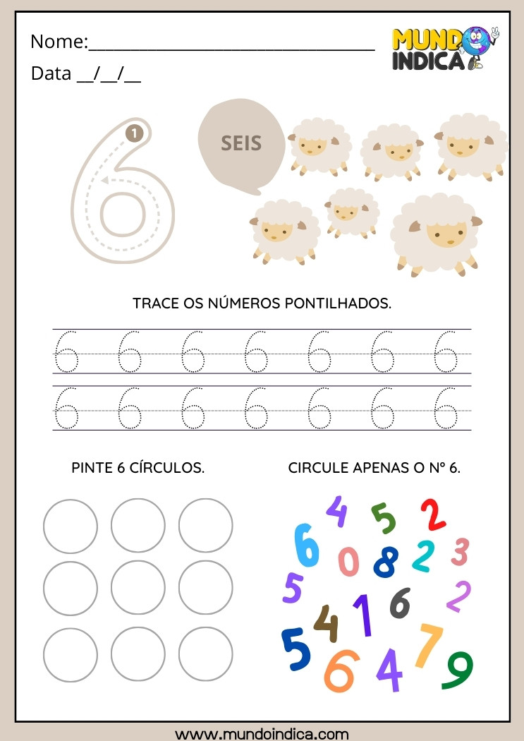 Atividade com Números para Traçar os Pontilhados, Pintar os Círculos e Circular o Número 6 para Alunos com Síndrome de Down para Imprimir