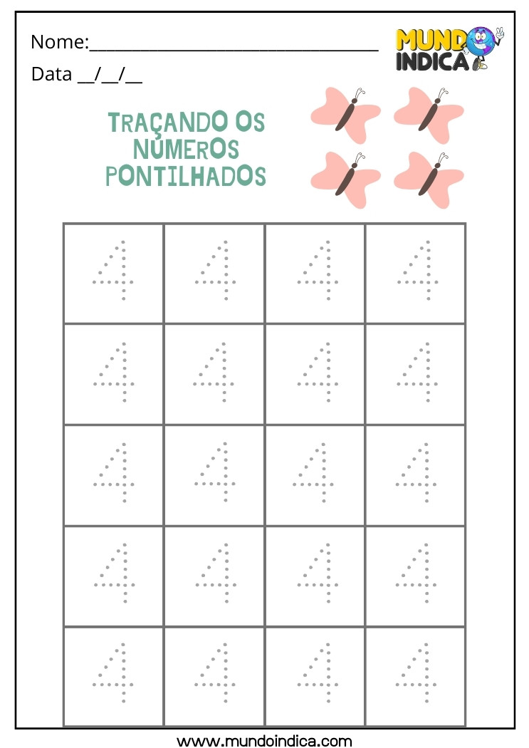 Atividade com o Número 4 para Traçar os Pontilhados para Alunos com Síndrome de Down para Imprimir