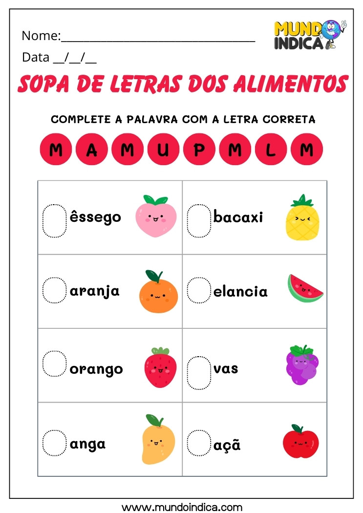 Atividade de Alimentação Saudável para Alunos com Dislexia Complete a Palavra Com a Letra Inicial Correta para Imprimir