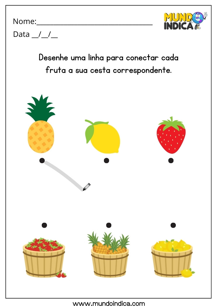 Atividade de Alimentação Saudável para Ligar as Frutas nas Cestas para Alunos com Deficiência Intelectual para Imprimir