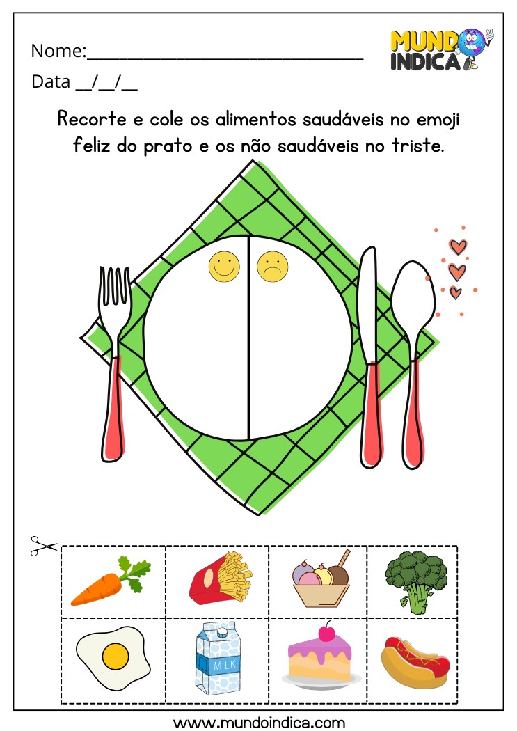 Atividade de Alimentação Saudável para Recortar e Colar os Alimentos nos Emojis do Prato para Alunos TDAH