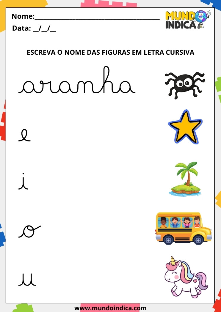 Atividade de Caligrafia Escreva o Nome das Figuras em Letra Cursiva para Alunos com Deficiência Intelectual para Imprimir