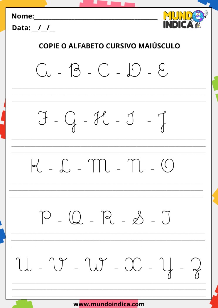 Atividade de Caligrafia com Alfabeto Maiúsculo Cursivo para Alunos com Autismo para Imprimir