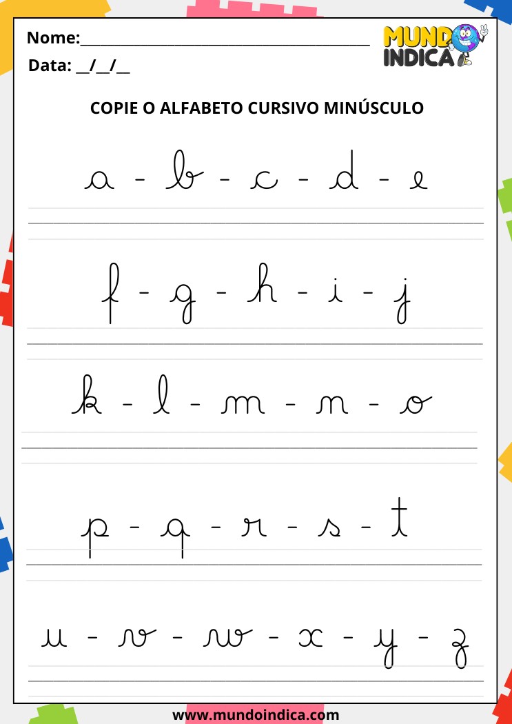 Atividade de Caligrafia do Alfabeto Cursivo Minúsculo para Autistas