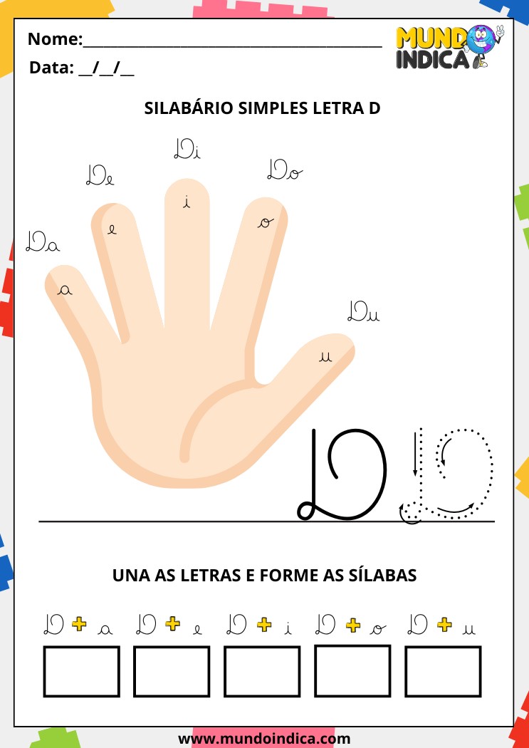 Atividade de Caligrafia e Silabário da Letra D Cursiva para Alunos com Autismo