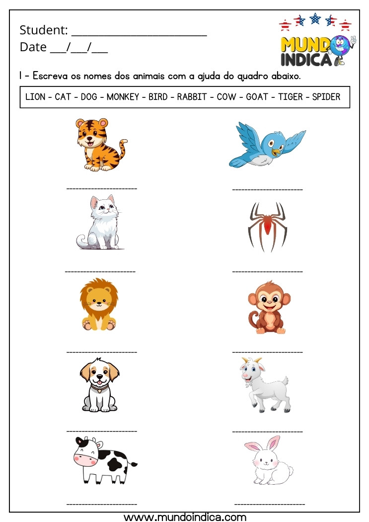 Atividade de Inglês 1 Ano sobre Animais para Imprimir