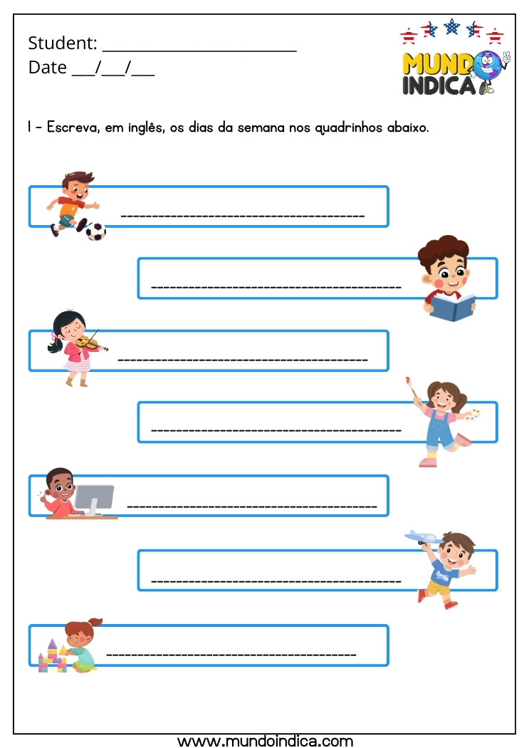 Atividade de Inglês 1 Ano sobre Dias da Semana para Imprimir