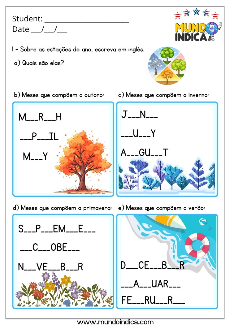 Atividade de Inglês 1 Ano sobre Estações do Ano para Imprimir