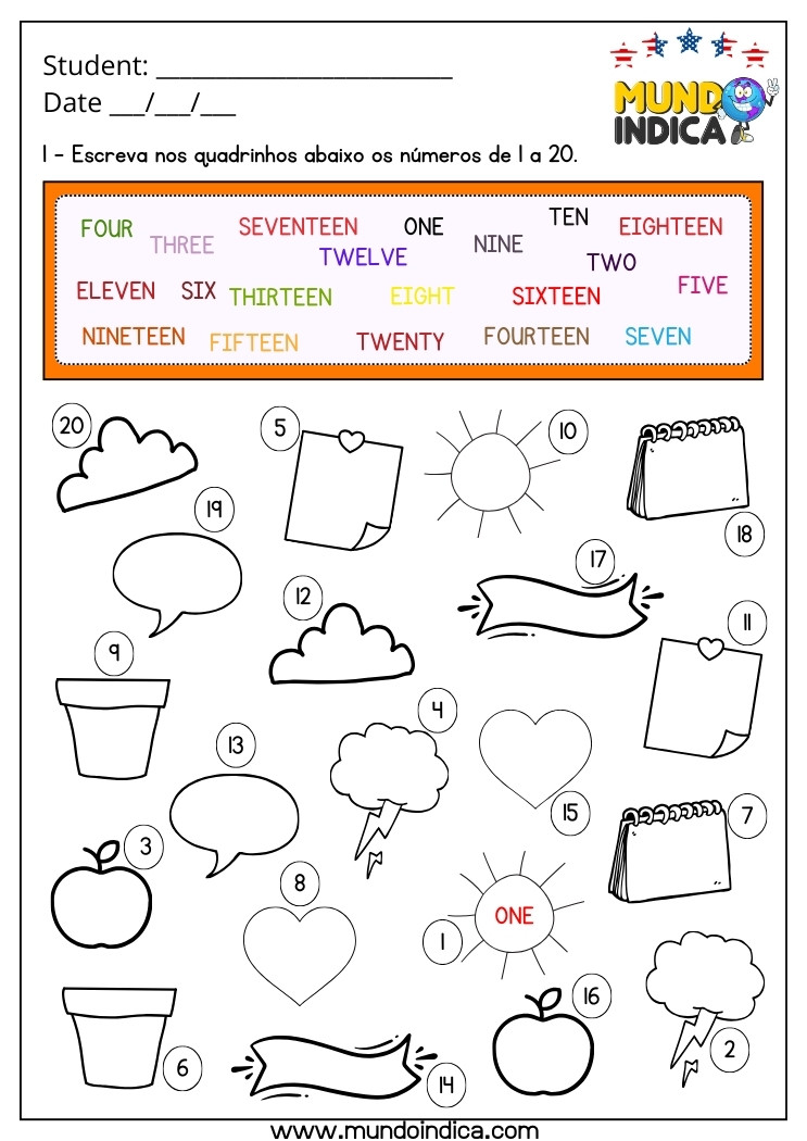 Atividade de Inglês 2 Ano com Números de 1 a 20 para Imprimir