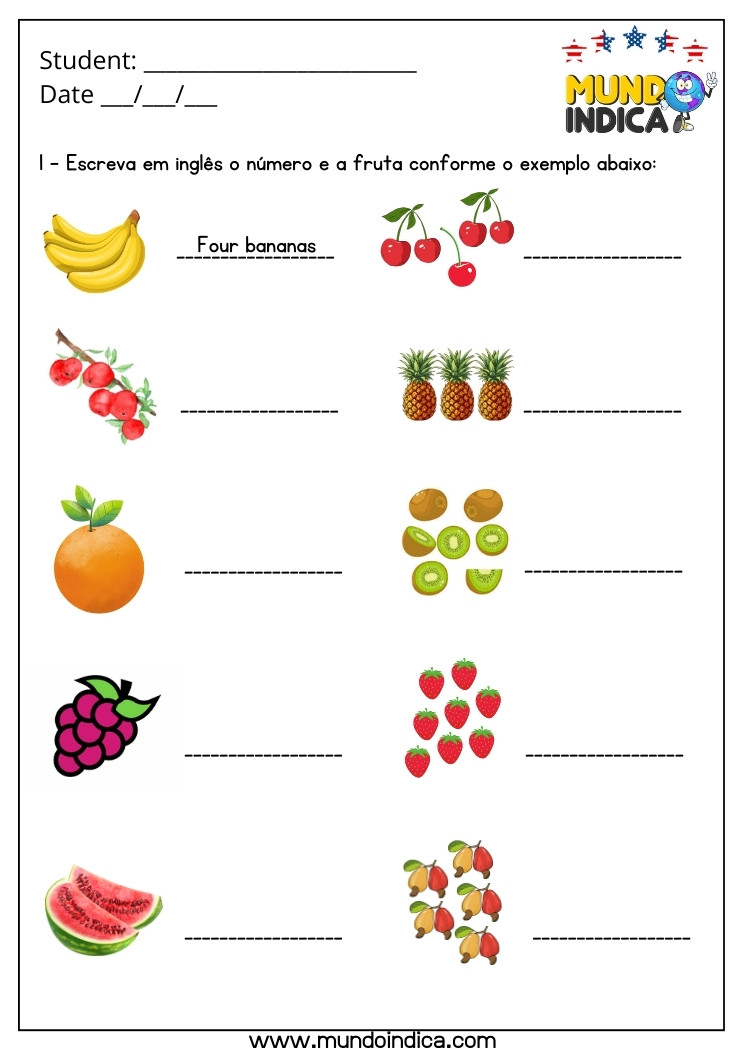 Atividade de Inglês 2 Ano com Números e Frutas para Imprimir