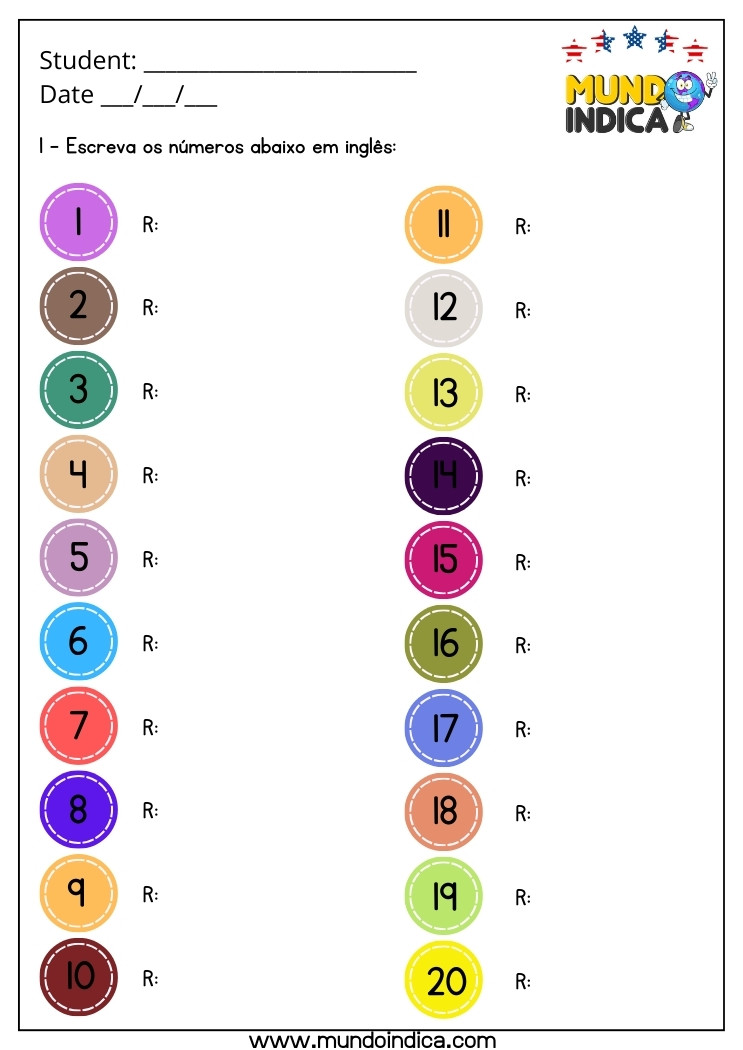 Atividade de Inglês 3 Ano com Números para Imprimir