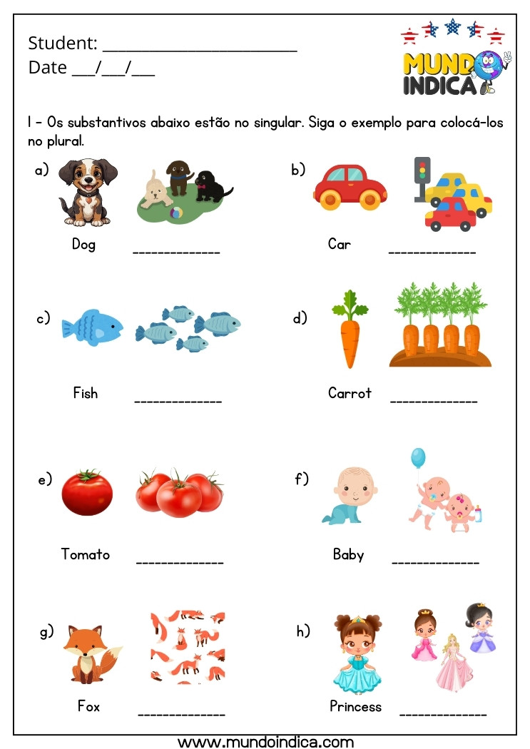 Atividade de Inglês 3 Ano com Substantivos e Plurais para Imprimir