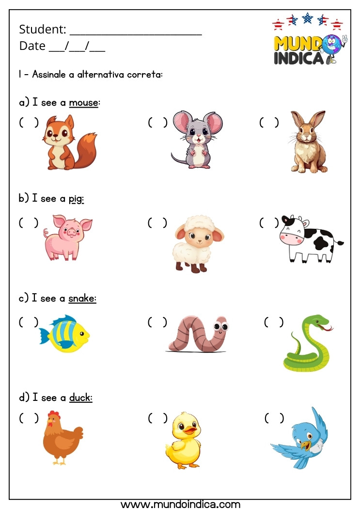 Atividade de Inglês 3 Ano sobre Animais para Imprimir