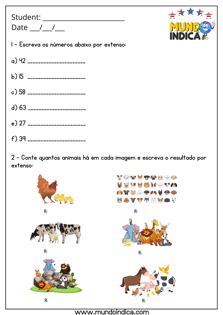 Atividade de Inglês 4 Ano com Números e Animais para Imprimir