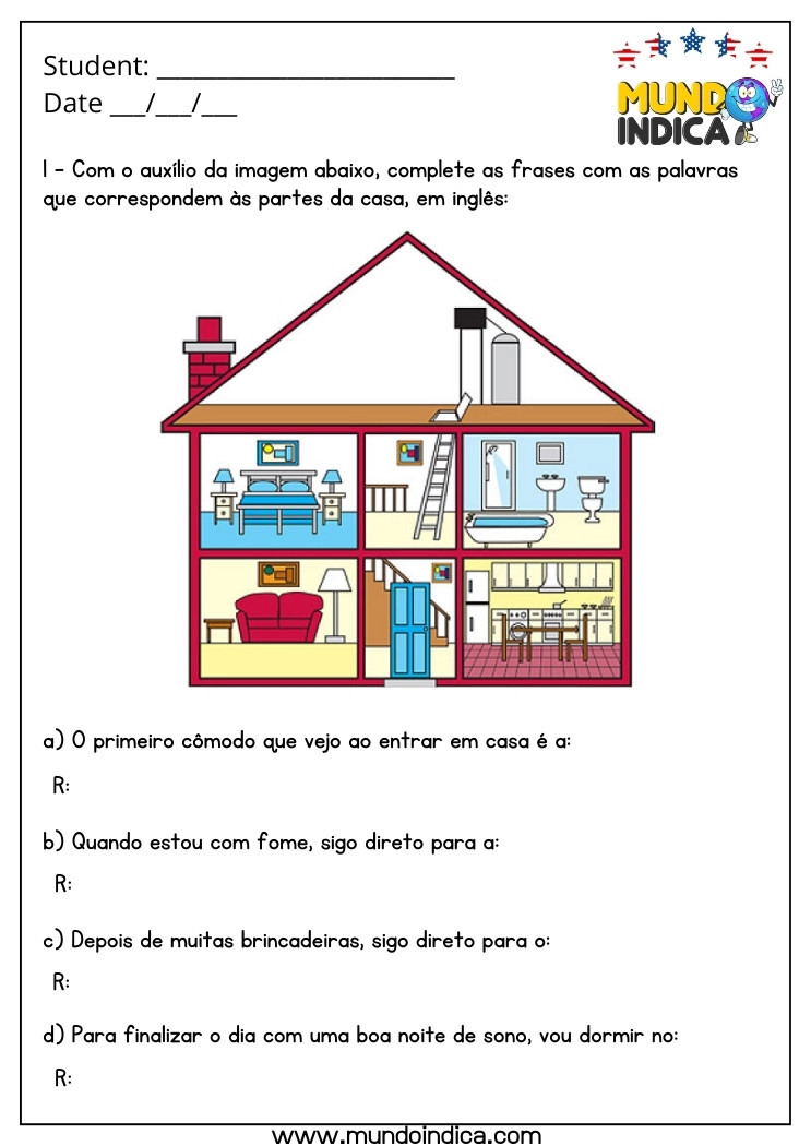 Atividade de Inglês 4 Ano sobre Partes da Casa para Imprimir