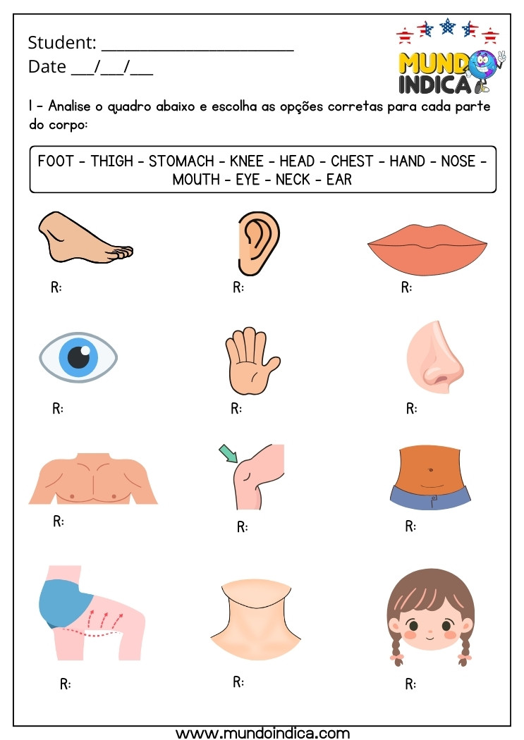 Atividade de Inglês 4 Ano sobre Partes do Corpo Humano para Imprimir