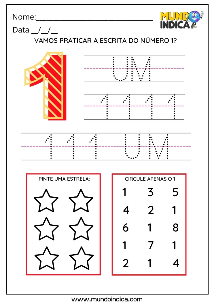 Atividades com o Número 1 para Alunos com Síndrome de Down para Imprimir