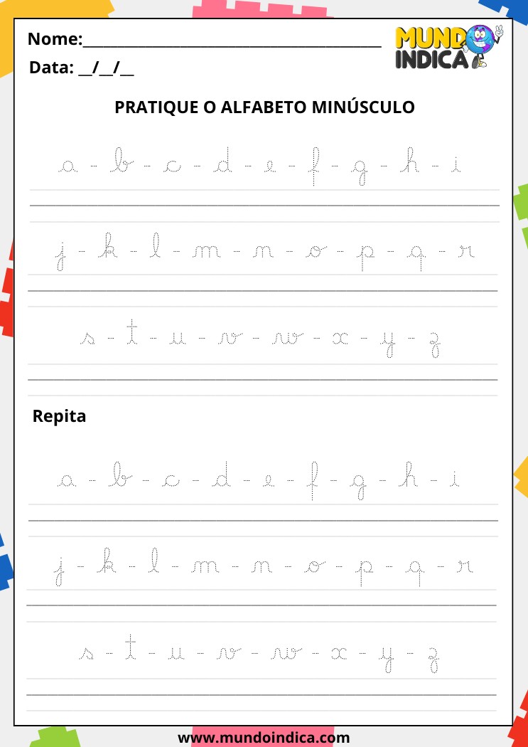 Folha de Atividade de Caligrafia com Alfabeto Minúsculo para Alunos com Deficiência Intelectual