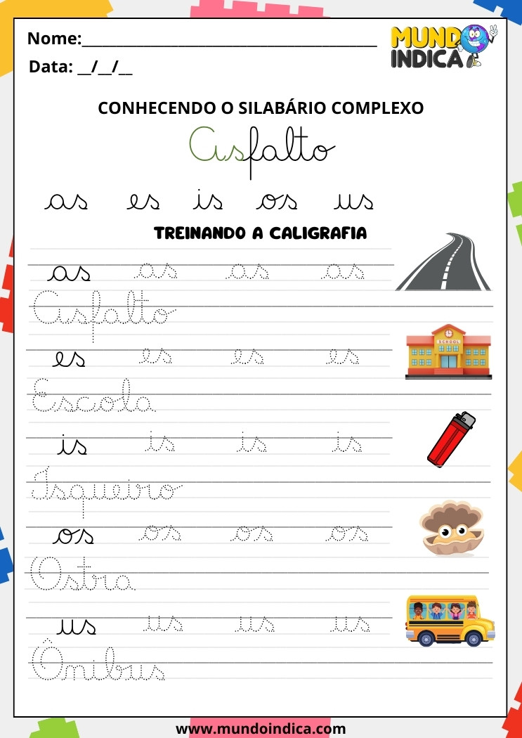 Folha de Atividade de Caligrafia com Sílabas e Palavras para Crianças com Deficiência Intelectual