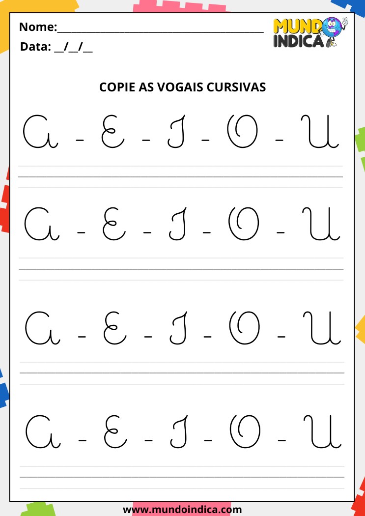 Folha de Atividade de Caligrafia com Vogais Cursivas Maiúsculas para Alunos com Deficiência Intelectual