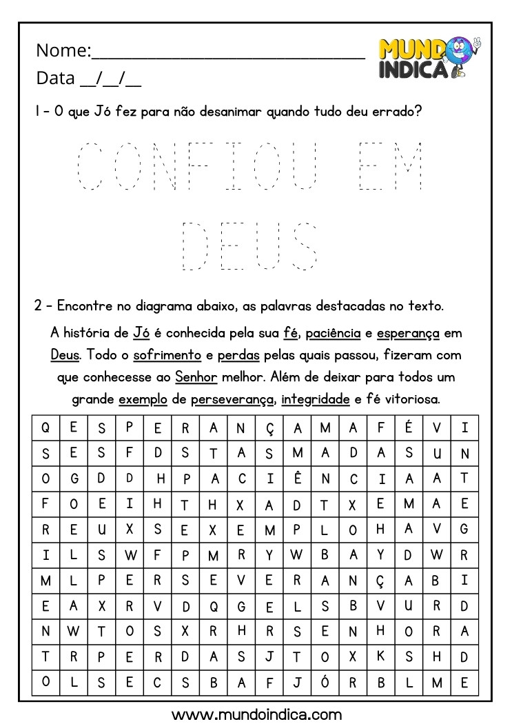 Atividade Bíblica com Caça-Palavras sobre Jó para Imprimir