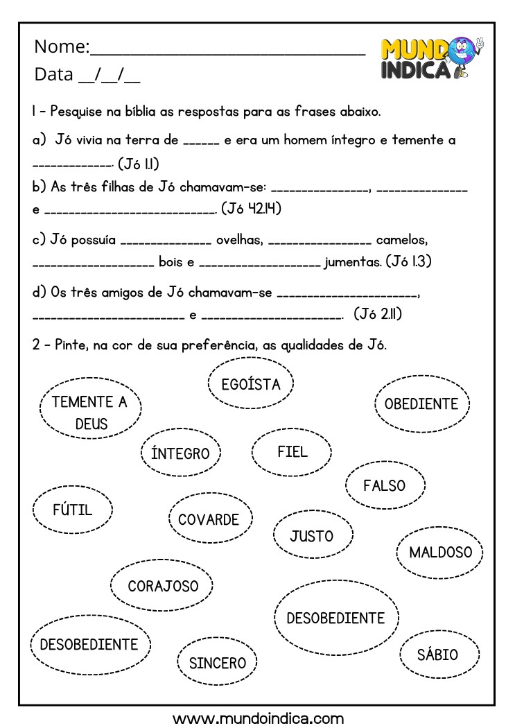 Atividade Bíblica sobre Jó para Completar as Frases e Pintar as Qualidades de Jó para Imprimir