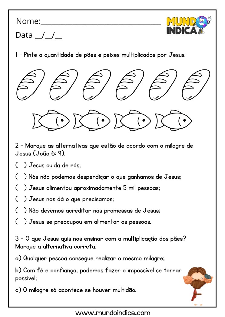Atividade Bíblica sobre a Multiplicação dos Pães e Peixes para Colorir e Marcar as Alternativas Corretas para Imprimir