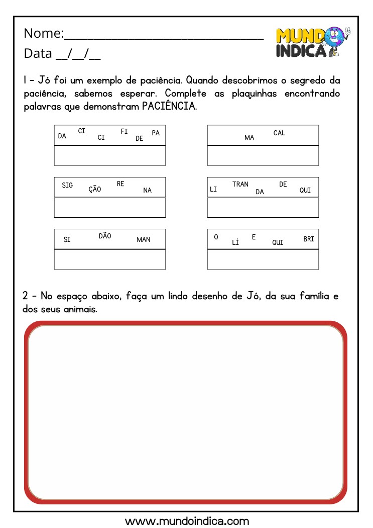 Atividade Bíblica sobre a Paciência de Jó para Imprimir