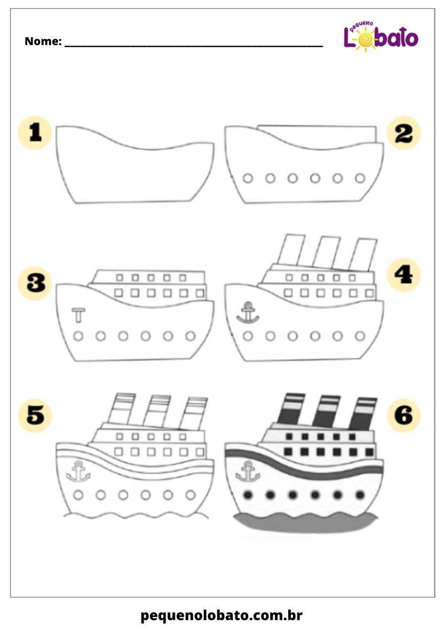 Atividade de Desenho Guiado do Navio para Crianças com Dislexia para Imprimir