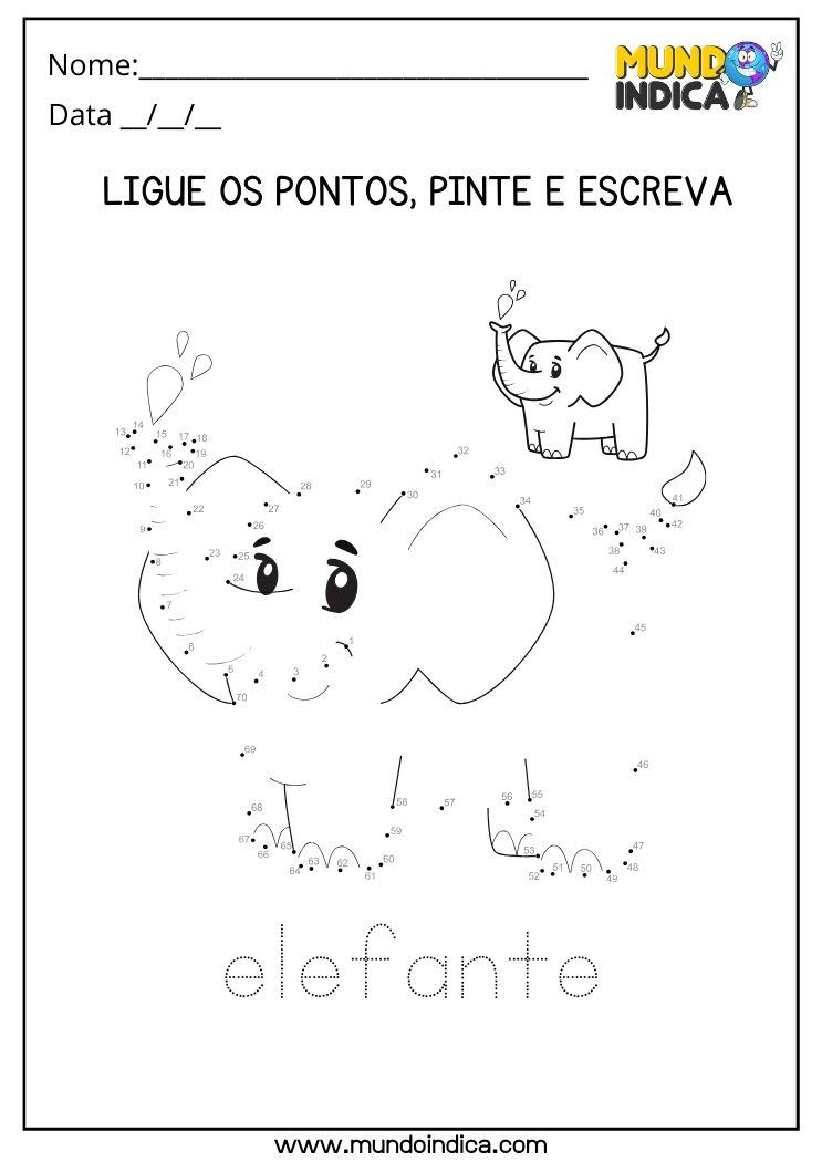 Atividade de Desenho do Elefantinho Ligando os Pontos para Alunos com Dislexia para Imprimir