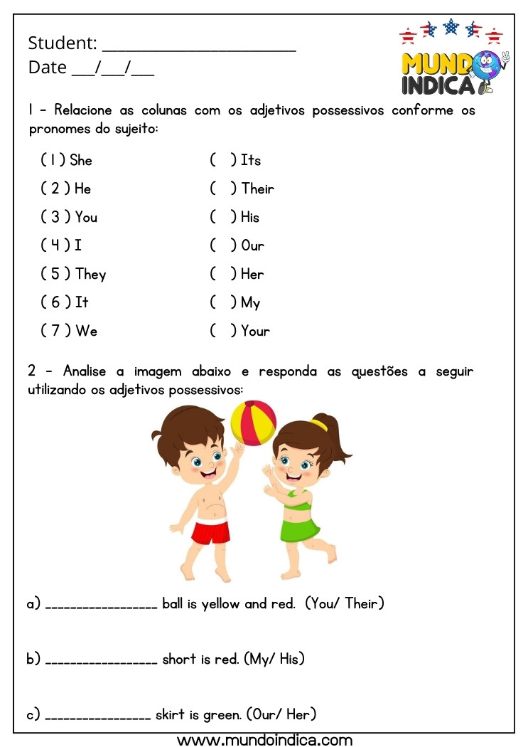 Atividade de Inglês 5 Ano com Adjetivos Possessivos para Imprimir