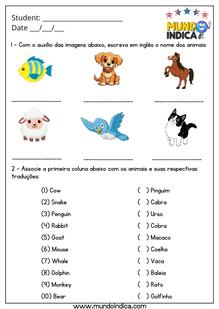 Atividade de Inglês 5 Ano com Animais para Imprimir