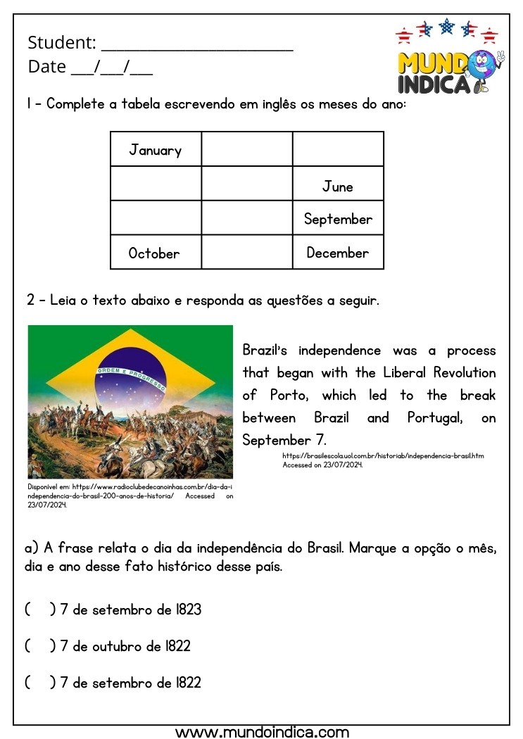 Atividade de Inglês 5 Ano com Meses do Ano e Interpretação de Texto sobre o Dia da Independência do Brasil para Imprimir