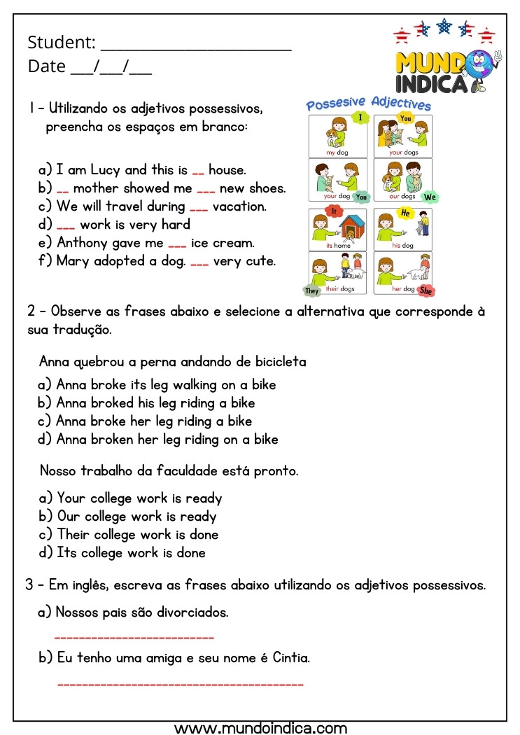 Atividade de Inglês 6 Ano com Adjetivos Possessivos para Imprimir