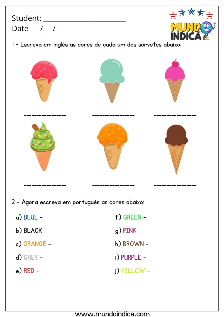 Atividade de Inglês 6 Ano com Cores para Imprimir