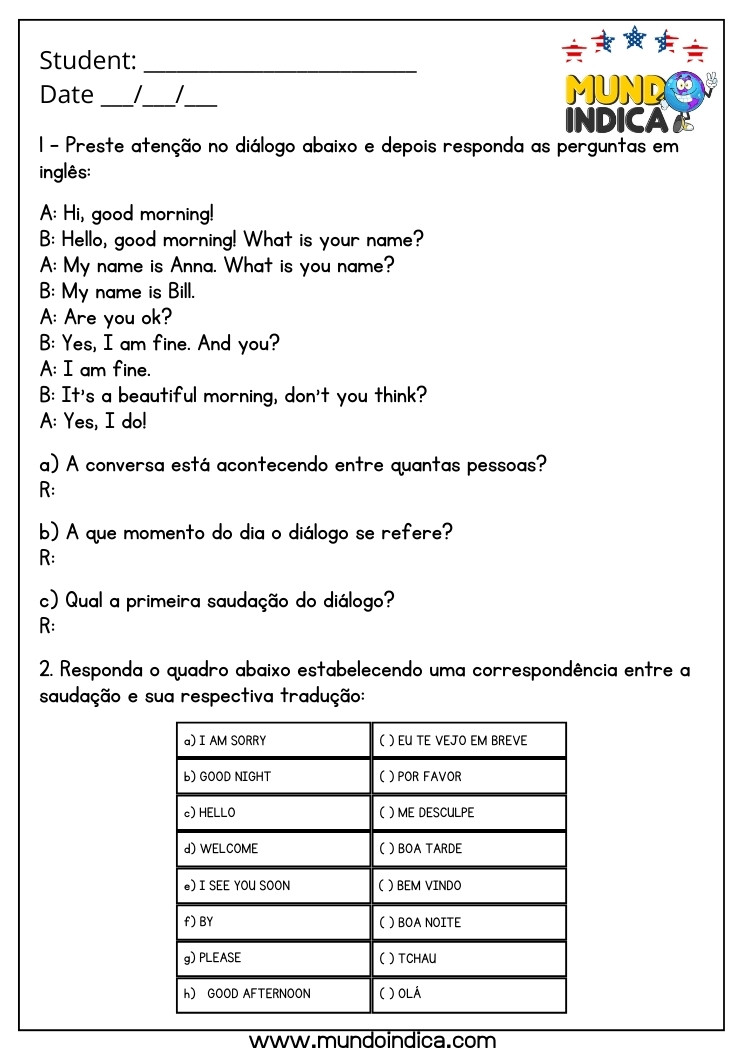 Atividade de Inglês 6 Ano com Diálogo e Cumprimentos para Imprimir