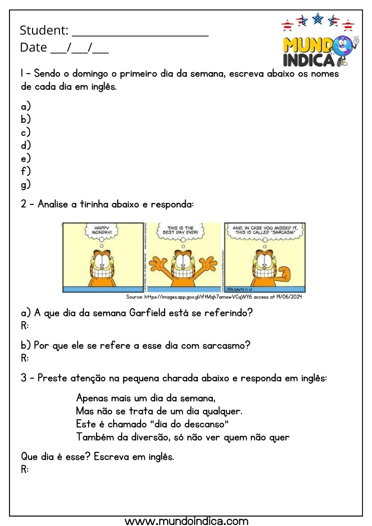 Atividade de Inglês 6 Ano com Dias da Semana e Interpretação da Tirinha do Garfield para Imprimir