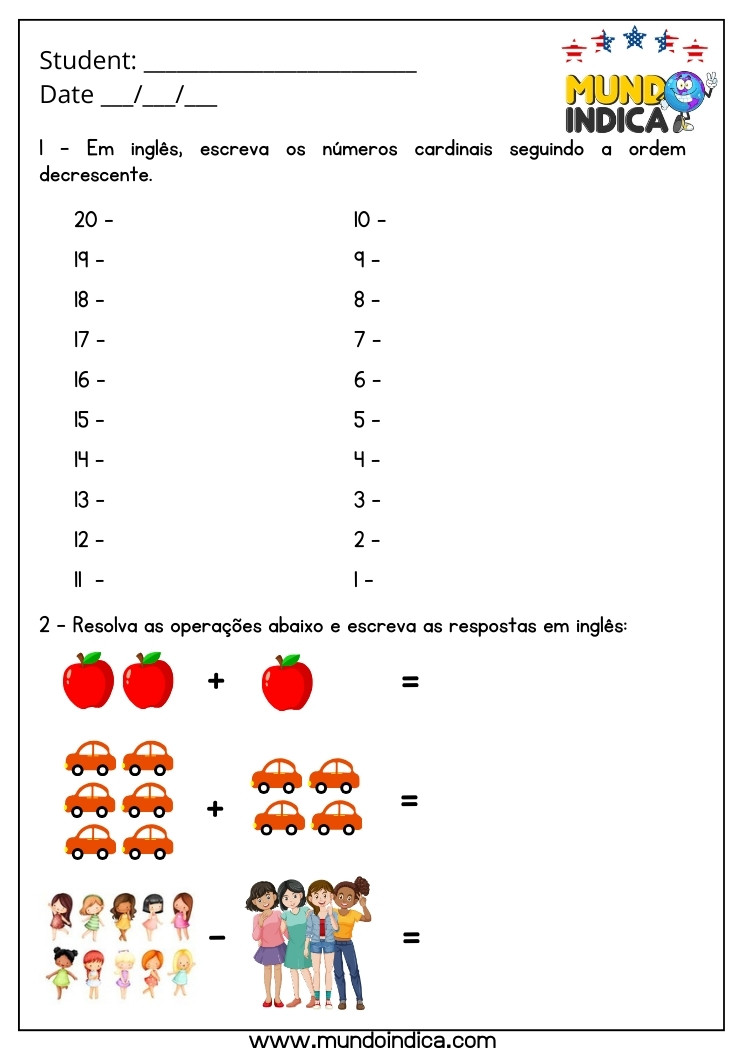 Atividade de Inglês 6 Ano com Números e Problemas Matemáticos para Imprimir