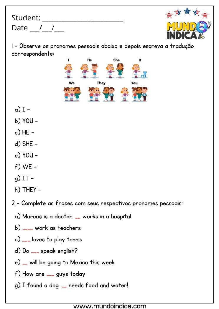 Atividade de Inglês 6 Ano com Pronomes Pessoais para Imprimir